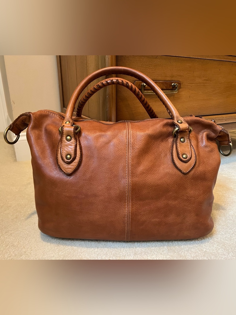 Sundance Catalog Cognac Brown Woven Leather Basketweave Satchel Bag - Picture 2 of 14